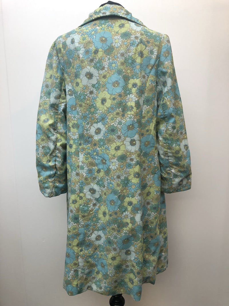 womens  vintage  Urban Village Vintage  ruched sleeve  MOD  long sleeve  green  floral  coat  button  blue  bell sleeve  60s  1960s  12