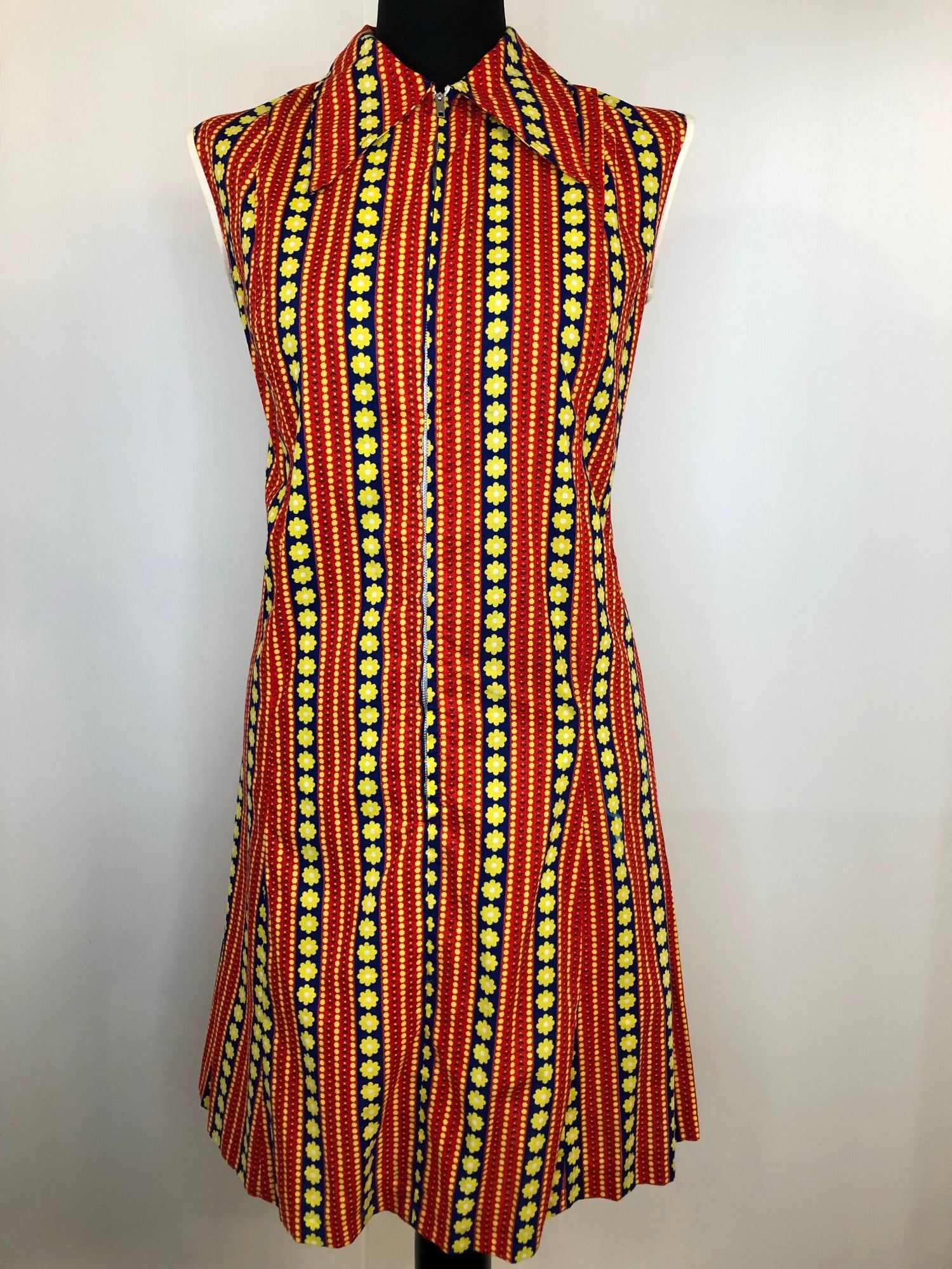 womens  vintage  Urban Village Vintage  summer dress  stripes  sleeveless  red  print dress  print  multi  floral print  floral  dress  dagger collar  Corilea Fashions  balloon sleeve  70s  1970s  12