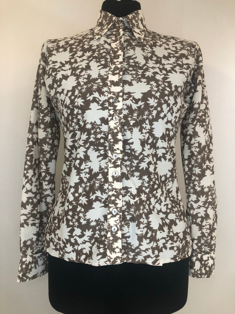 womens  white  vintage  top  red  Peter Lynne  multi  leaf print  dagger collar  dagger  brown  blouse  70s  1970s  10