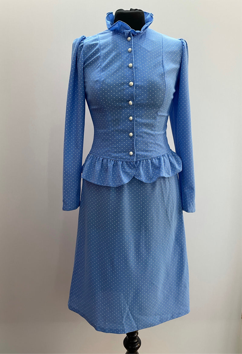 1970s Blue and White Polka Dot Two Piece Blouse and Skirt Set - Size UK 8