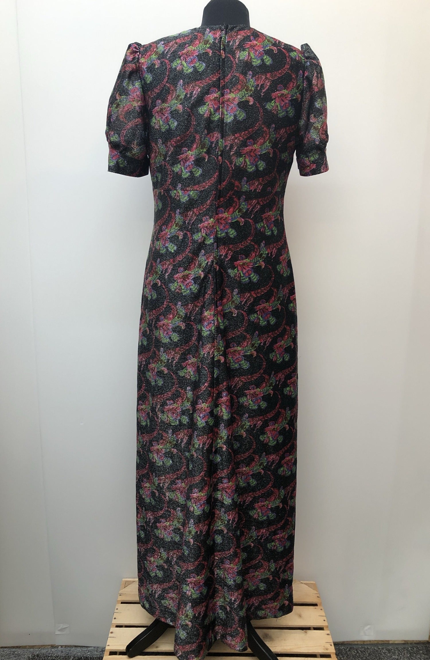 zip  womens  vintage  Urban Village Vintage  urban village  silver  maxi dress  lurex  long length dress  glitter  floral dress  dress  back zip  70s  1970s  10