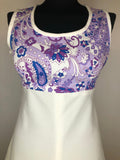 womens  white  vintage  sleeveless  retro  Purple  print dress  MOD  mini dress  dress  60s  1960s  10