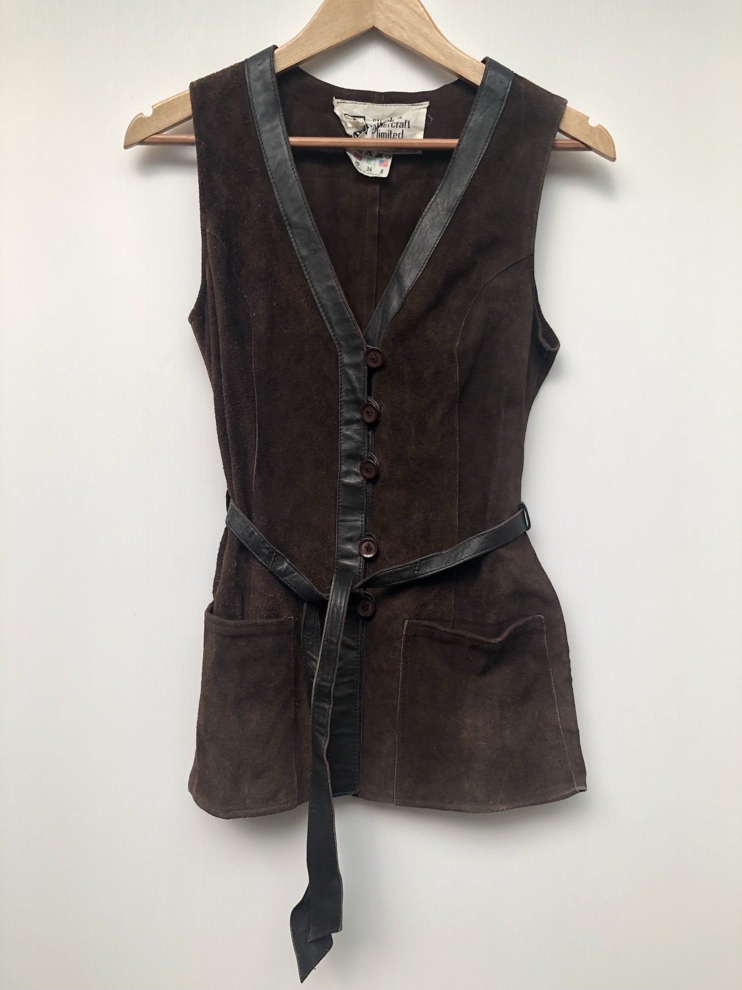 womens jacket  womens coat  womens  waistcoat  vintage  vest  Urban Village Vintage  summer  Suede Jacket  Suede  Leather trim  Jacket  dark brown  button fastening  brown  8  70  1970s