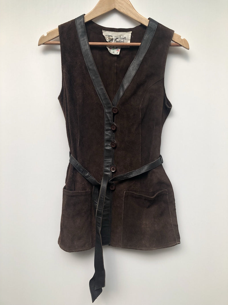 womens jacket  womens coat  womens  waistcoat  vintage  vest  Urban Village Vintage  summer  Suede Jacket  Suede  Leather trim  Jacket  dark brown  button fastening  brown  8  70  1970s