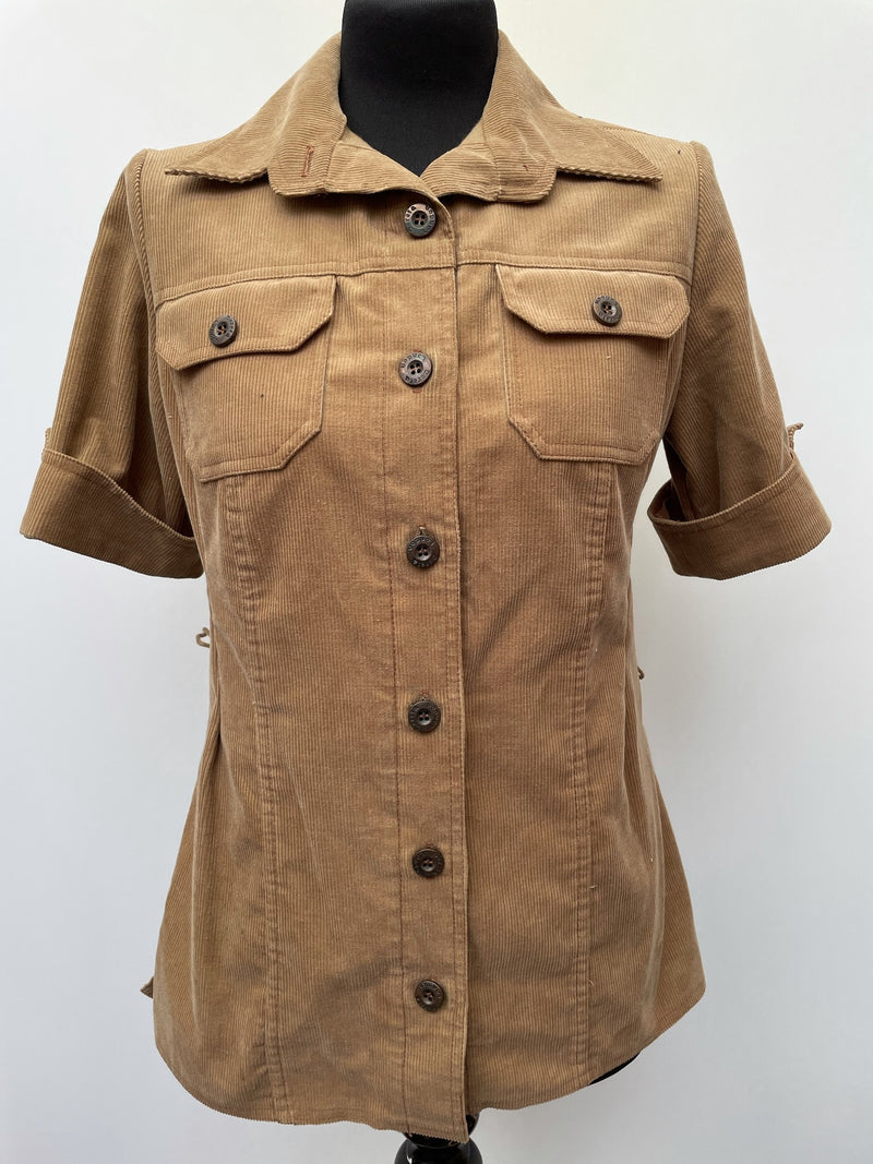 womens  vintage  Urban Village Vintage  urban village  short sleeved  short sleeve  Shirt  safari style  safari  retro  pockets  corduroy  corded  cord  collar  chest pockets  camel  button fastening  button down  button  brown  big collar  70s  1970s  10