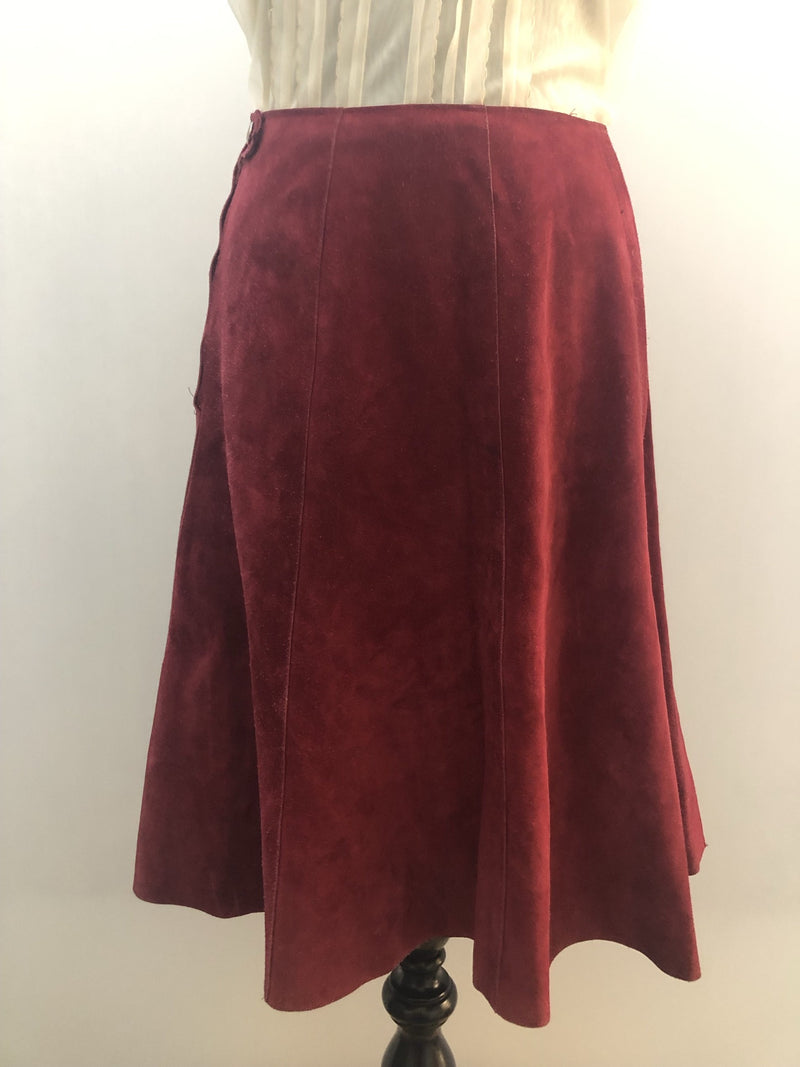 womens  winter  vintage  Urban Village Vintage  urban village  Suede  Skirts  skirt  retro  Red  press stud fastening  MOD  Mini Skirt  knee length  autumnal  autumn  A-Line  70s  70  1970s  12