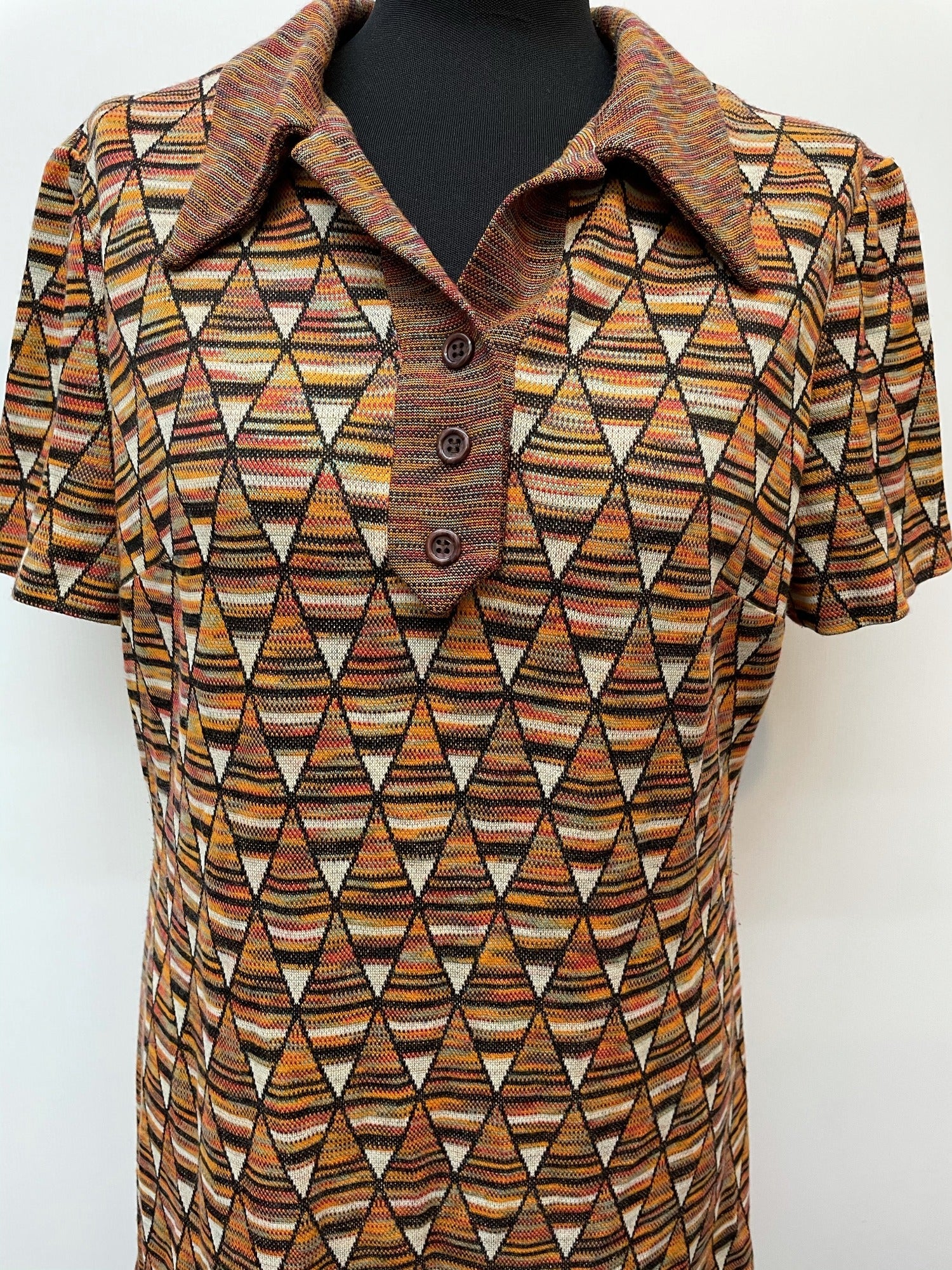 womens shirt  womens  vintage  Urban Village Vintage  urban village  triangle  shirt dress  retro  patterned  patterened  midi dress  geometric  embroidered pattern  Embroidered  dress  diamond pattern  diamond  collar dress  collar  brown  big collar  back zip  70s  70  1970s