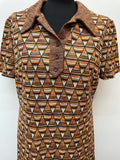 womens shirt  womens  vintage  Urban Village Vintage  urban village  triangle  shirt dress  retro  patterned  patterened  midi dress  geometric  embroidered pattern  Embroidered  dress  diamond pattern  diamond  collar dress  collar  brown  big collar  back zip  70s  70  1970s