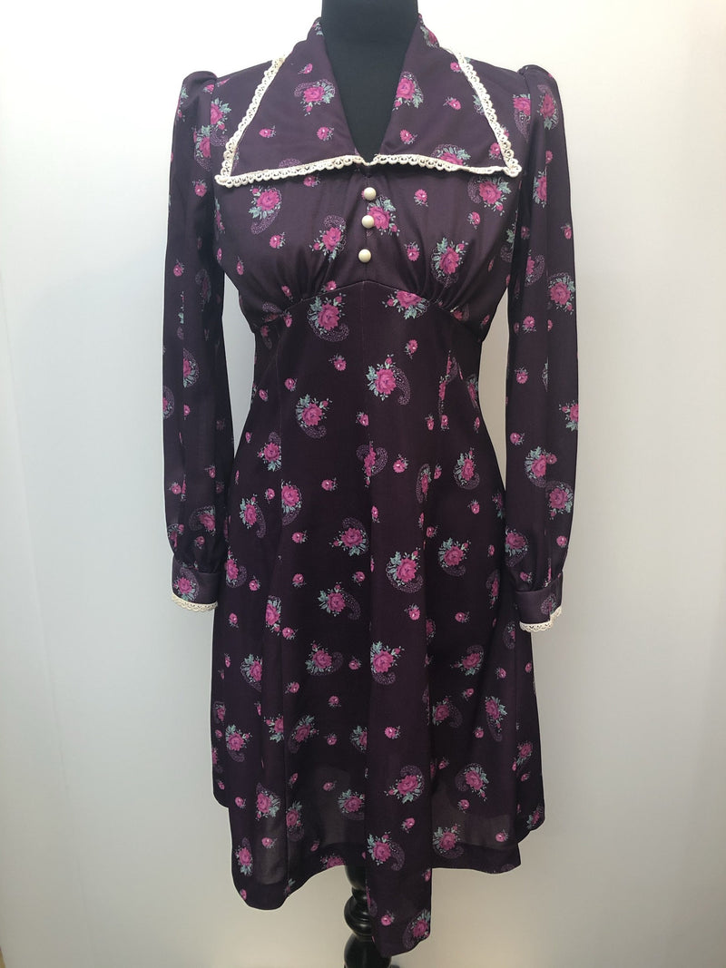 womens  vintage  purple  prairie dress  midi dress  floral print  collar dress  collar  70s  1970s  10 urban village vintage