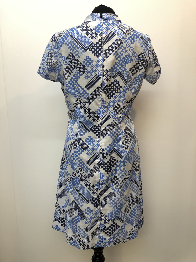 womens  white  vintage  Stripes  retro  pussy bow  print dress  MOD  midi dress  long sleeve  high neck  dress  blue  abstract print  60s  1960s  14