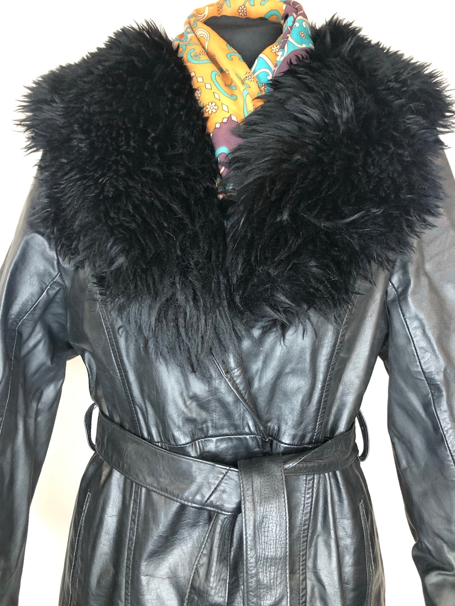 womens jacket  womens coat  womens  waist belt  vintage  Urban Village Vintage  urban village  trench coat  pockets  pleat back  long length  Leather Jacket  Leather  Jacket  button  black  Belted waist  belted jacket  belt  70s  70  1970s  12