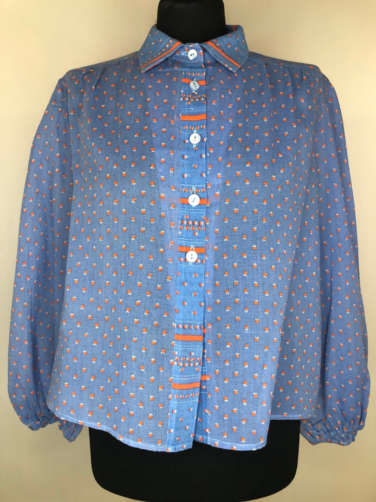 womens  vintage  Urban Village Vintage  urban village  Shirt  loose fit  long sleeves  long sleeve  hippy  hippie  floral print  floral  embroidered pattern  collar  boho  bohemian  blue  blouse  balloon sleeves  balloon sleev