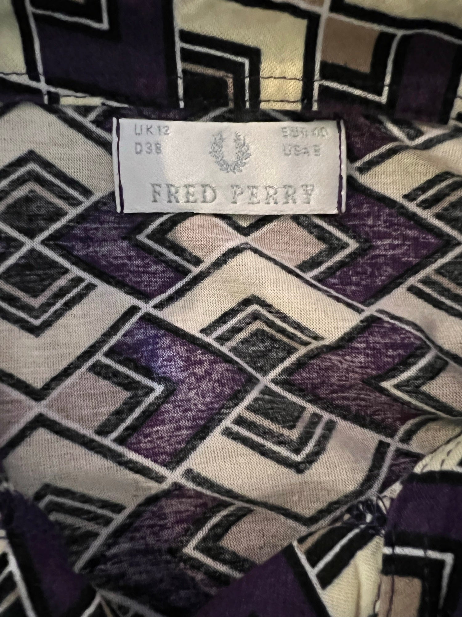 womens  Urban Village Vintage  top  T-Shirt  purple  print blouse  modette  MOD  Fred Perry  embroidered logo  diamond print  collared  collar  blouse  beige  12