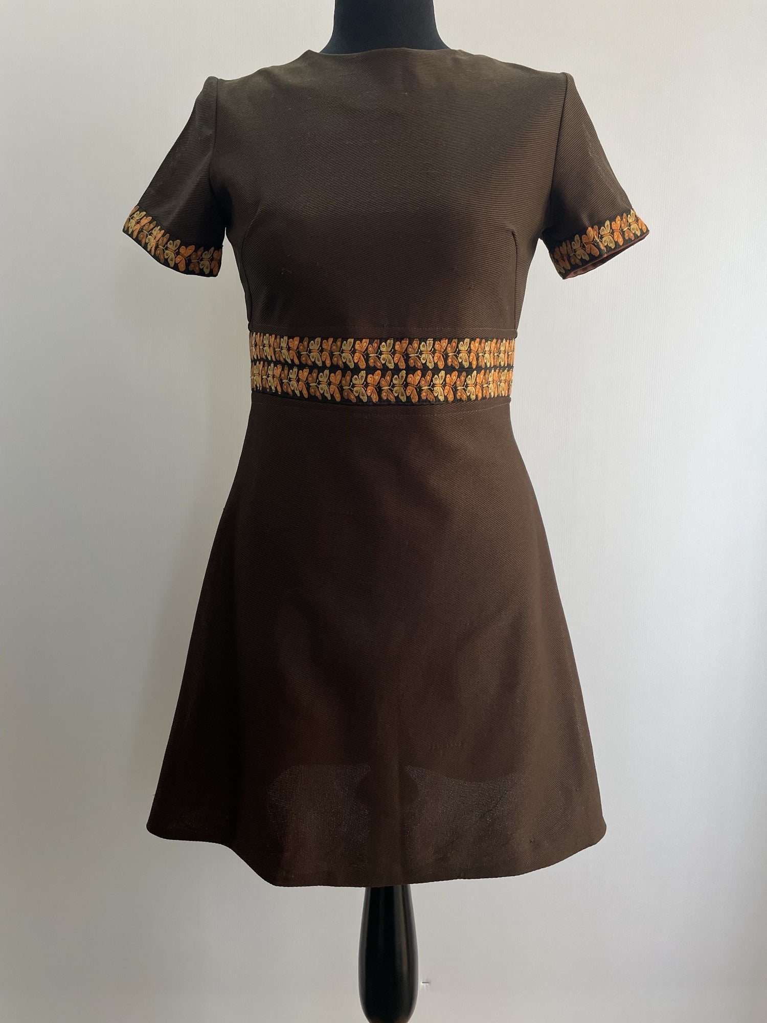 zip back  womens  vintage  Urban Village Vintage  short dress  scooter dress  scooter  modette  MOD  mini dress  micro mini  embroidery  dress  dolly dress  dolly  butterfly  brown  A-line  8  60s  1960s