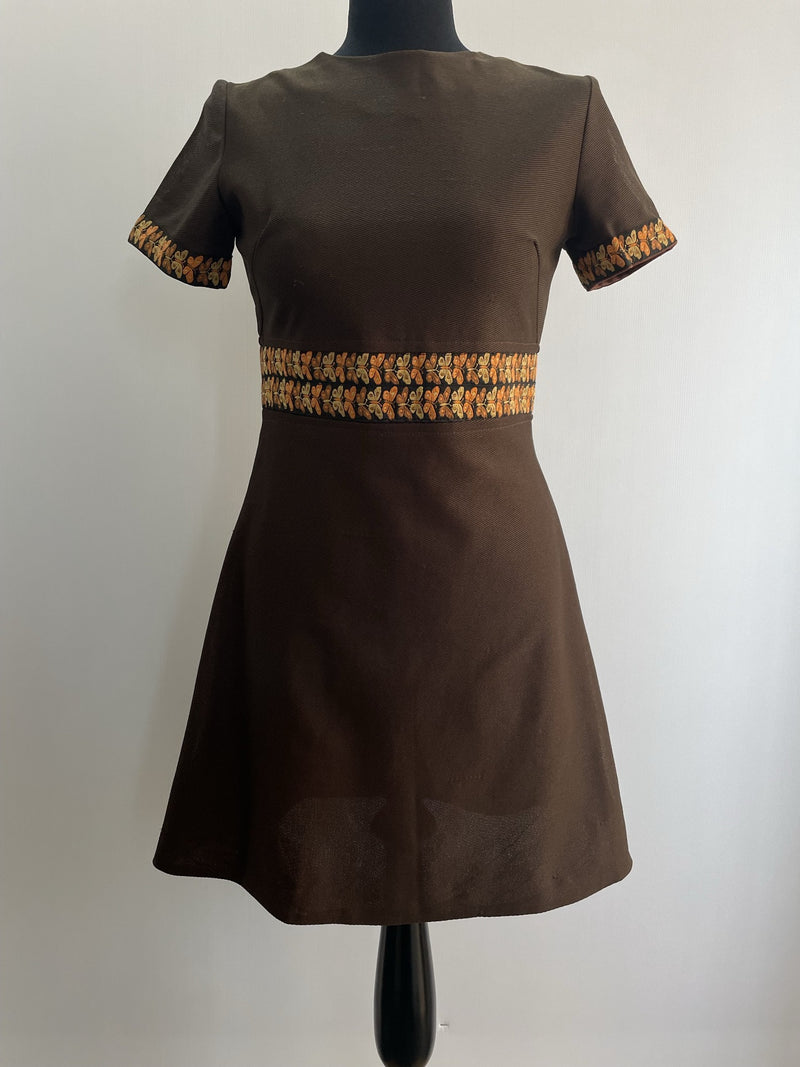 zip back  womens  vintage  Urban Village Vintage  short dress  scooter dress  scooter  modette  MOD  mini dress  micro mini  embroidery  dress  dolly dress  dolly  butterfly  brown  A-line  8  60s  1960s