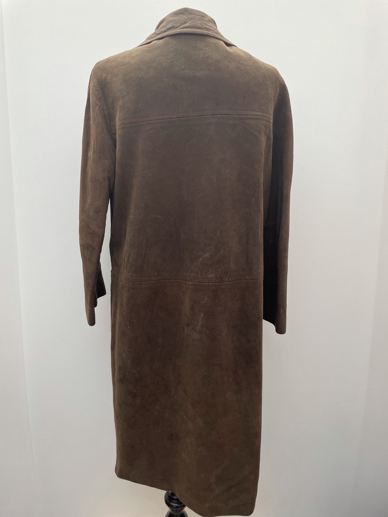 womens coat  womens  vintage  Suede Jacket  Suede  silk  retro  long sleeve  long length coat  lining  heatonex  dress  coat  button down  button  brown  70s  1970s  16