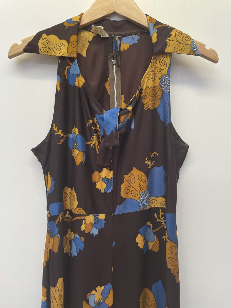 zip  womens  vintage  Urban Village Vintage  summer dress  summer  sleevless  shirt dress  printed dress  patterned dress  patterned  maxi dress  maxi  long dress  floral dress  dress  dagger collar  collared dress  collar dress  collar  brown  big collar  back zip  70s  6  1970s
