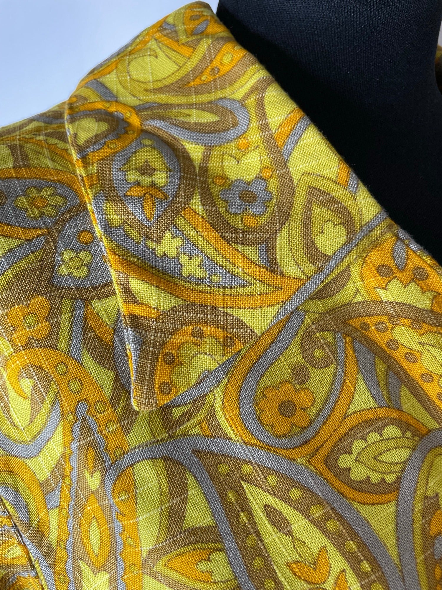 Yellow  womens  vintage  retro  quarter zip  Paisley Print  paisley  Orange  open collar  midi dress  midi  long sleeve  large collar  dress  70s  1970s  14