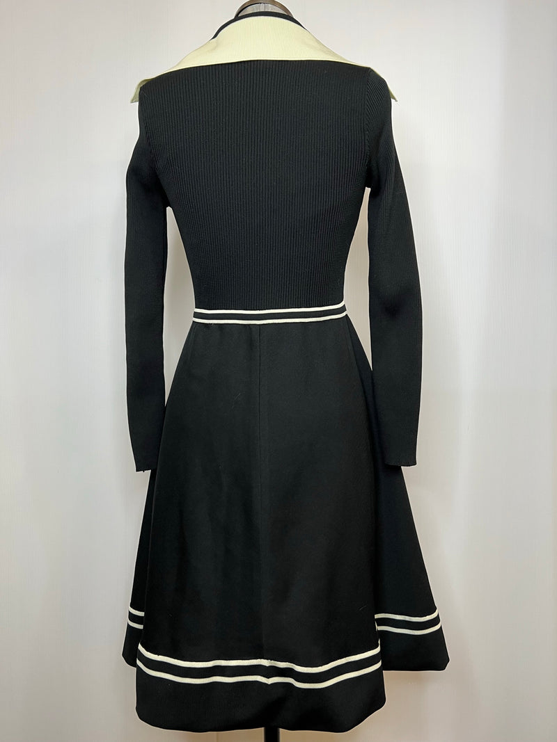 womens  vintage  Urban Village Vintage  Stripes  stripe detailing  stripe detail  MOD  midi dress  long sleeved  light knit  large pointed collar  large collar  knitwear  knitted  knit  Gina  dress  collar  black  70s  1970s  10