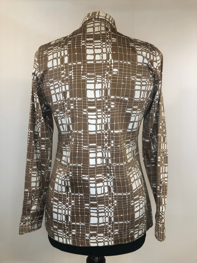 womens shirt  womens  white  vintage  Urban Village Vintage  urban village  summer  Shirt  retro  patterned  Kildare  evening blouse  Cotton  collar  button down  button  brown  blouse  70s  70  1970s