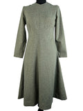 Vintage 1970s Herringbone Tweed Knee Length Long Sleeved Dress in Green - Size UK 10