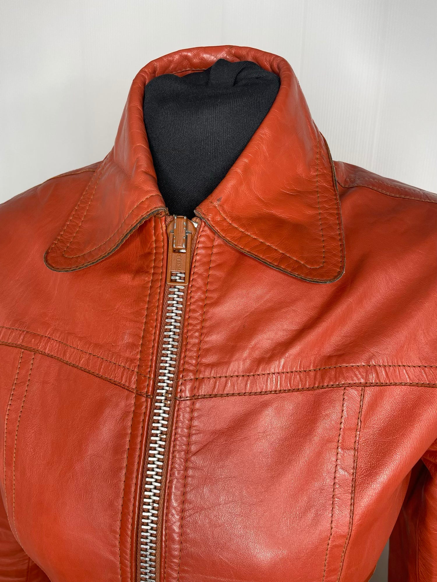 womens  vintage  Urban Village Vintage  tan  soft leather  round collar  Orange  long sleeve  Leather Jacket  Leather Coat  Leather  Jacket  fitted jacket  chunky zip  brown  Beagle collar  70s collar  70s  6  1970s