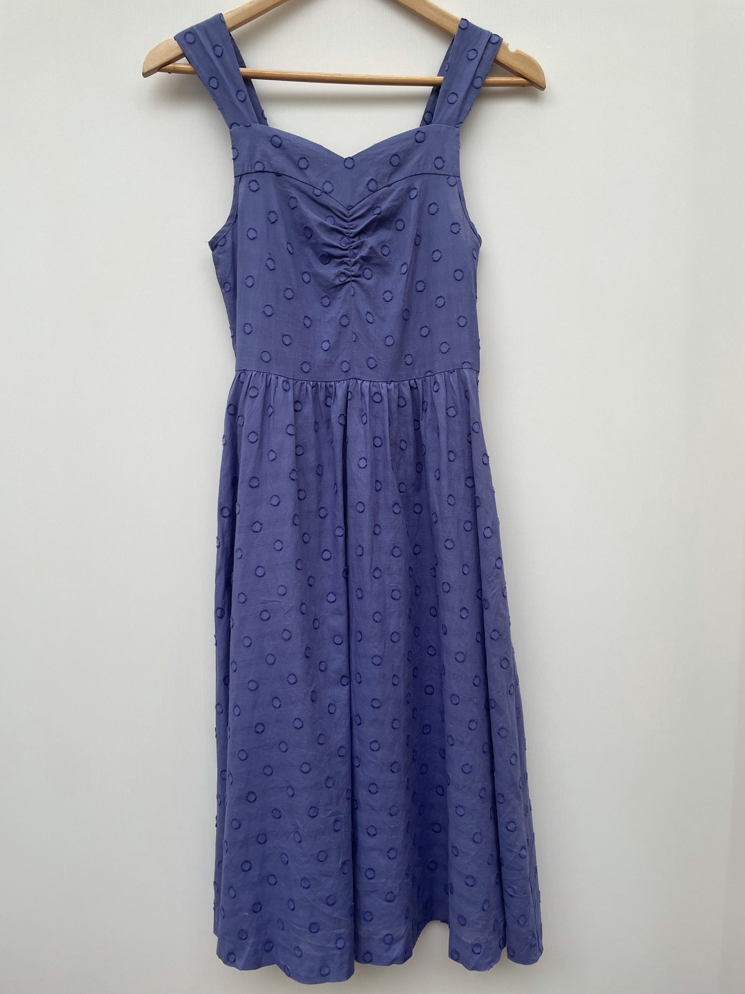 zip back  zip  womens  vintage  Urban Village Vintage  urban village  summer dress  summer  sleeveless  shoulder straps  retro  patterned dress  midi dress  midi  embroidery detail  Embroidered  dresses  dress  cornflower blue  circle  brown  70s  6  1970s