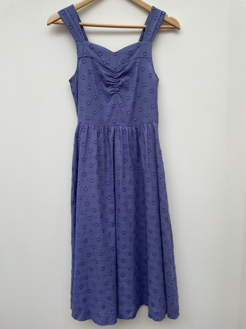 zip back  zip  womens  vintage  Urban Village Vintage  urban village  summer dress  summer  sleeveless  shoulder straps  retro  patterned dress  midi dress  midi  embroidery detail  Embroidered  dresses  dress  cornflower blue  circle  brown  70s  6  1970s