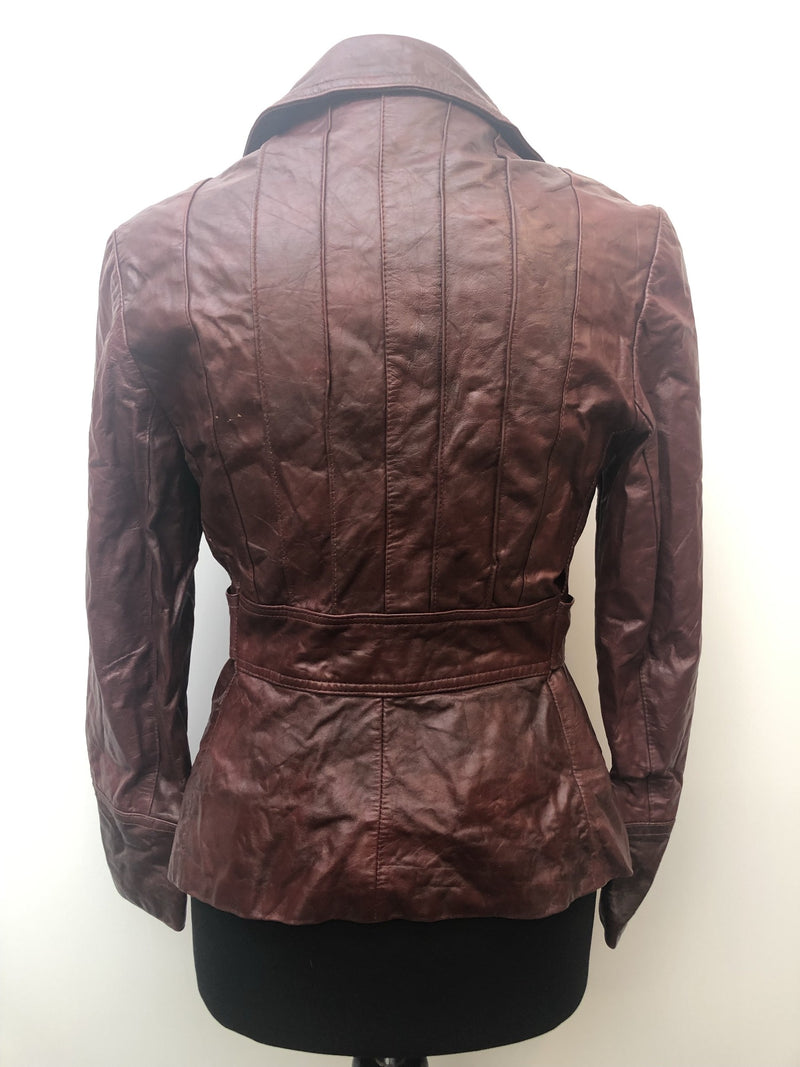 womens jacket  womens coat  womens  waist belt  vintage  Urban Village Vintage  urban village  soft leather  red  pockets  pleat back  Leather Jacket  Leather  Jacket  button down  button  brown leather  brown  Belted waist  belted jacket  belt  8  70s  70  1970s