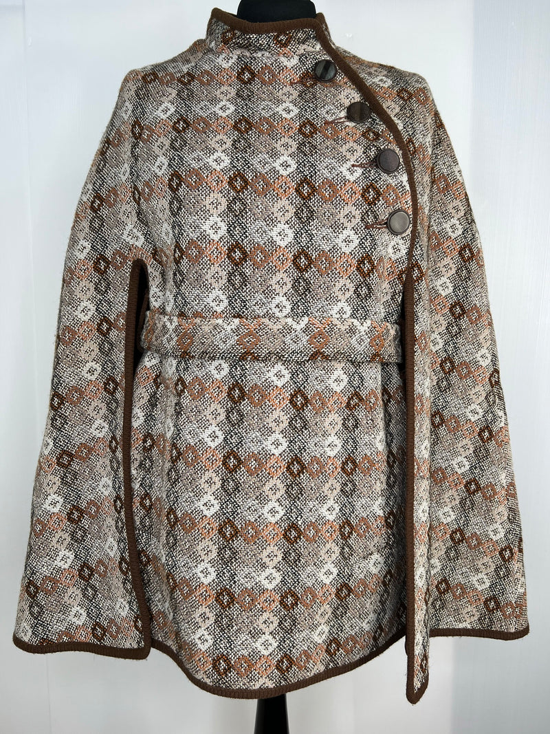 womens  Welsh Woollens  welsh wool tapestry  welsh wool  welsh  waistcoat  waist tie belt  vintage  two piece  tunic  tie belt  tapestry  set  S-M  S  MOD  M  Gilet  Dillad Coracle  diamond pattern  cape  brown  autumnal  autumn  60s  1960s