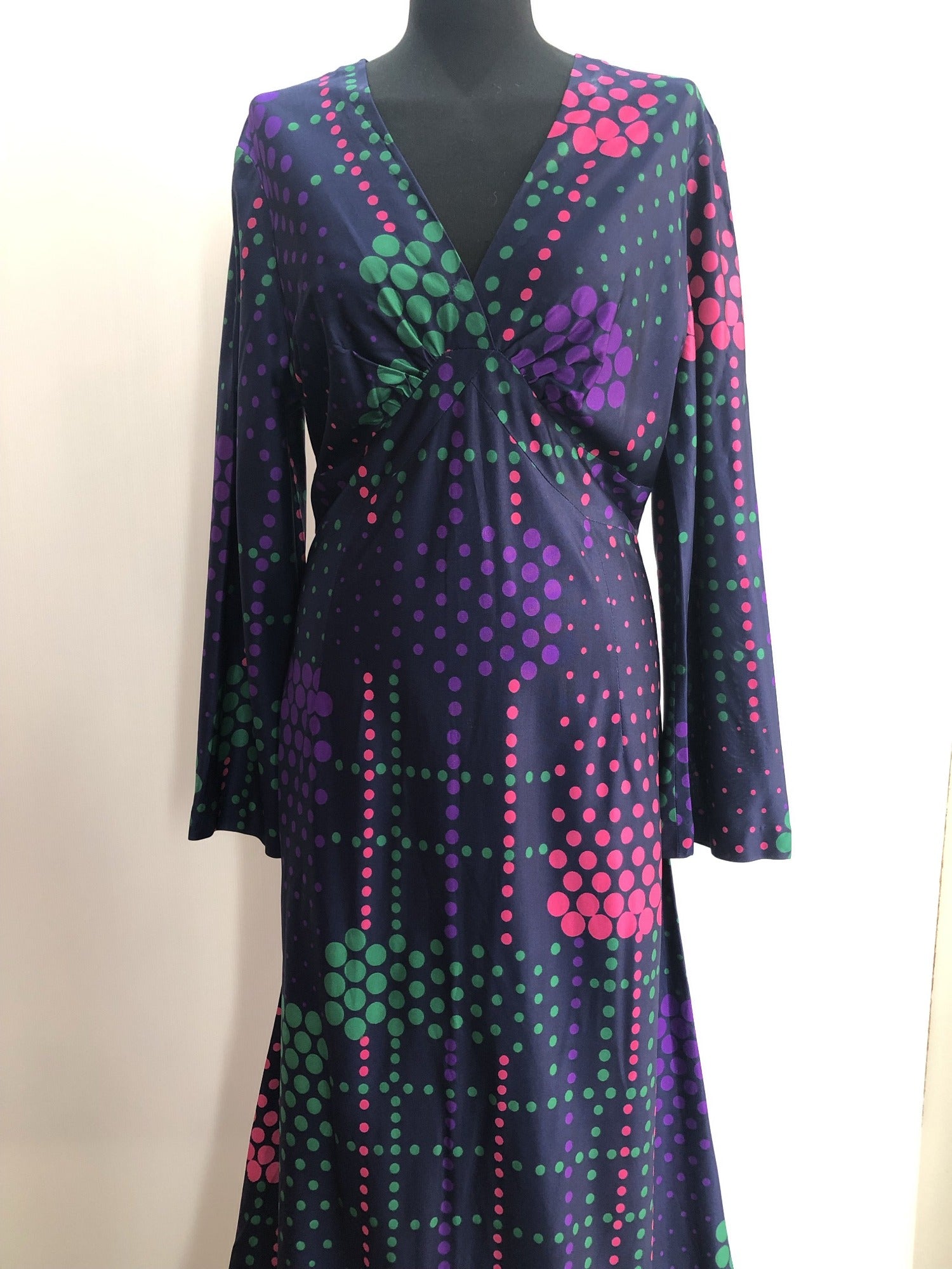 womens  vintage  v-neck dress  Urban Village Vintage  retro  purple  multi  maxi dress  Frederick Howard  dress  circle print  bell sleeve  70s  1970s  12
