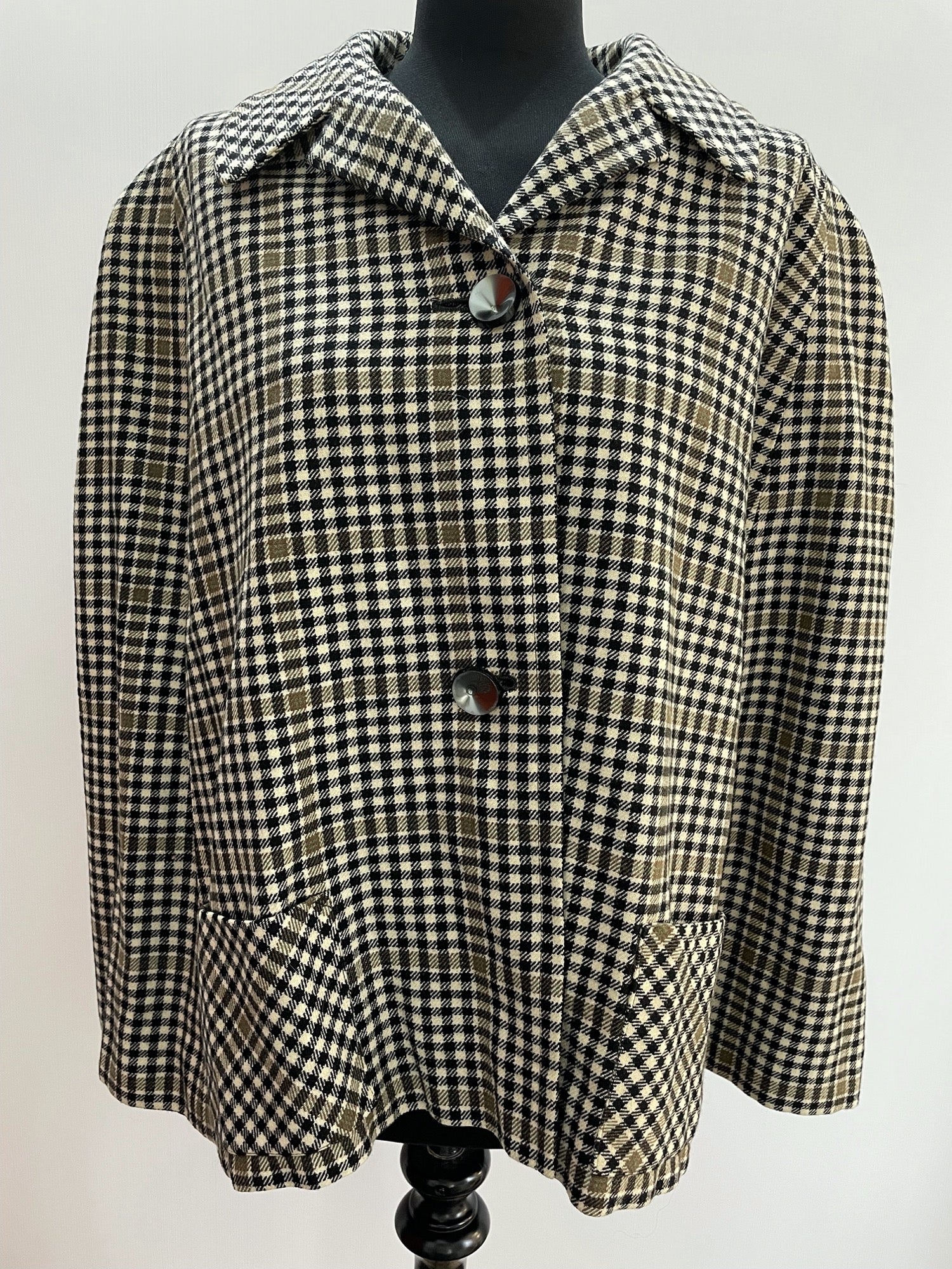 womens  vintage  Urban Village Vintage  urban village  square pattern  pockets  pocket  patterned  pattern  MOD  large check  front pockets  Cotton  collared  collar  checkered  checked  check pattern  check  cape jacket  Cape Coat  cape  button up  button front  button  brown  60s  1960s  14/16  14