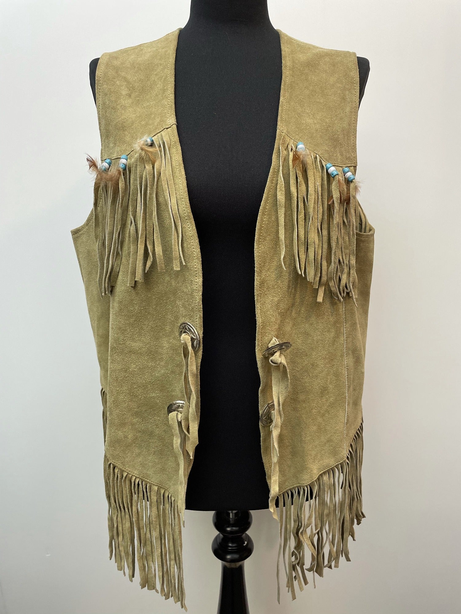 womens jacket  womens coat  womens  western  vintage  Urban Village Vintage  urban village  Suede Jacket  suede fringing  Suede  sleevless  sand  retro  navajo  L  Jacket  Green  fringing  fringed  fringe  feather  concho  brown  beading  70s  1970s