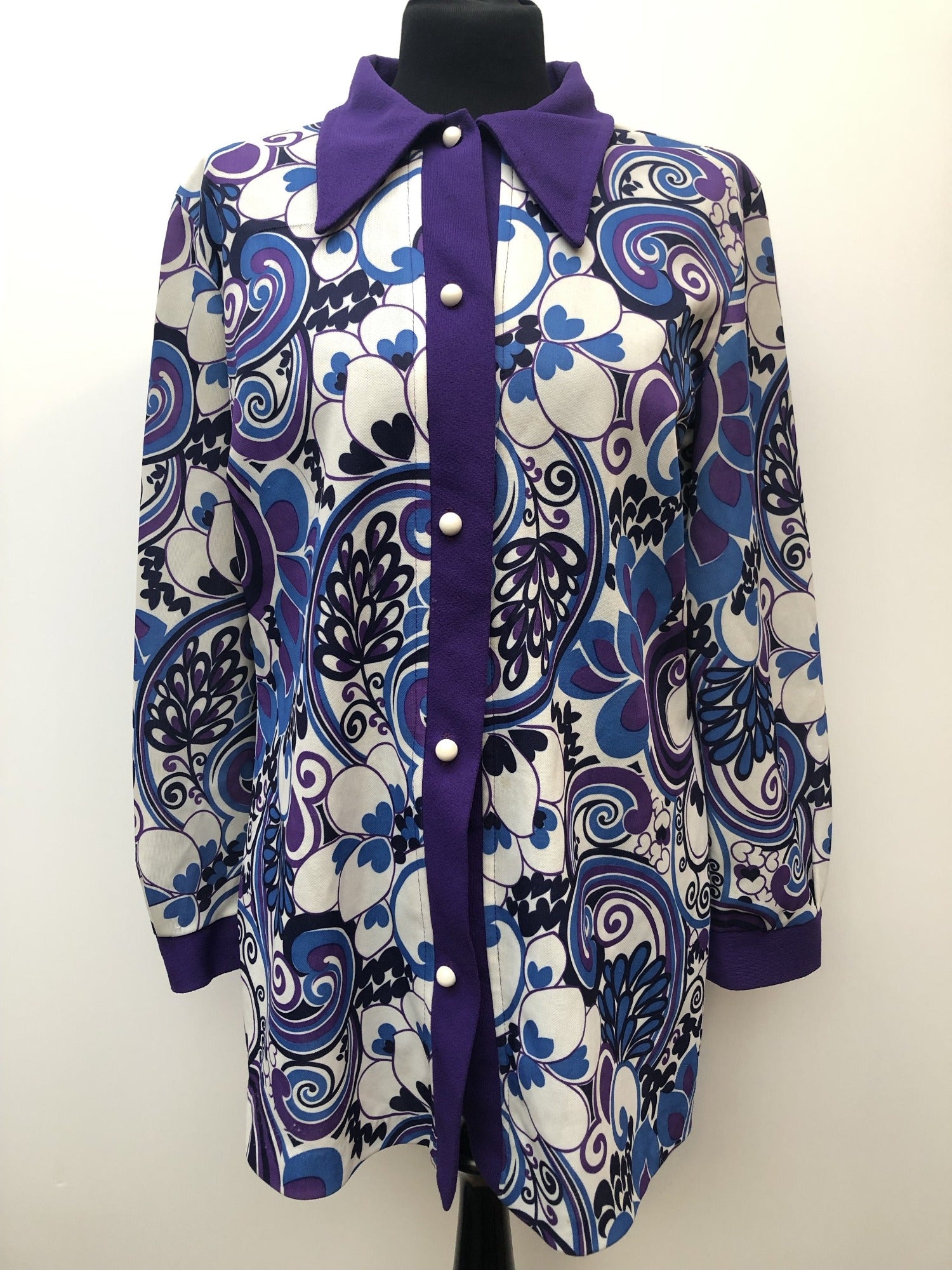 womens  vintage  Urban Village Vintage  top  purple  multi  floral print  dagger collar  Blue  blouse  70s  1970s  16