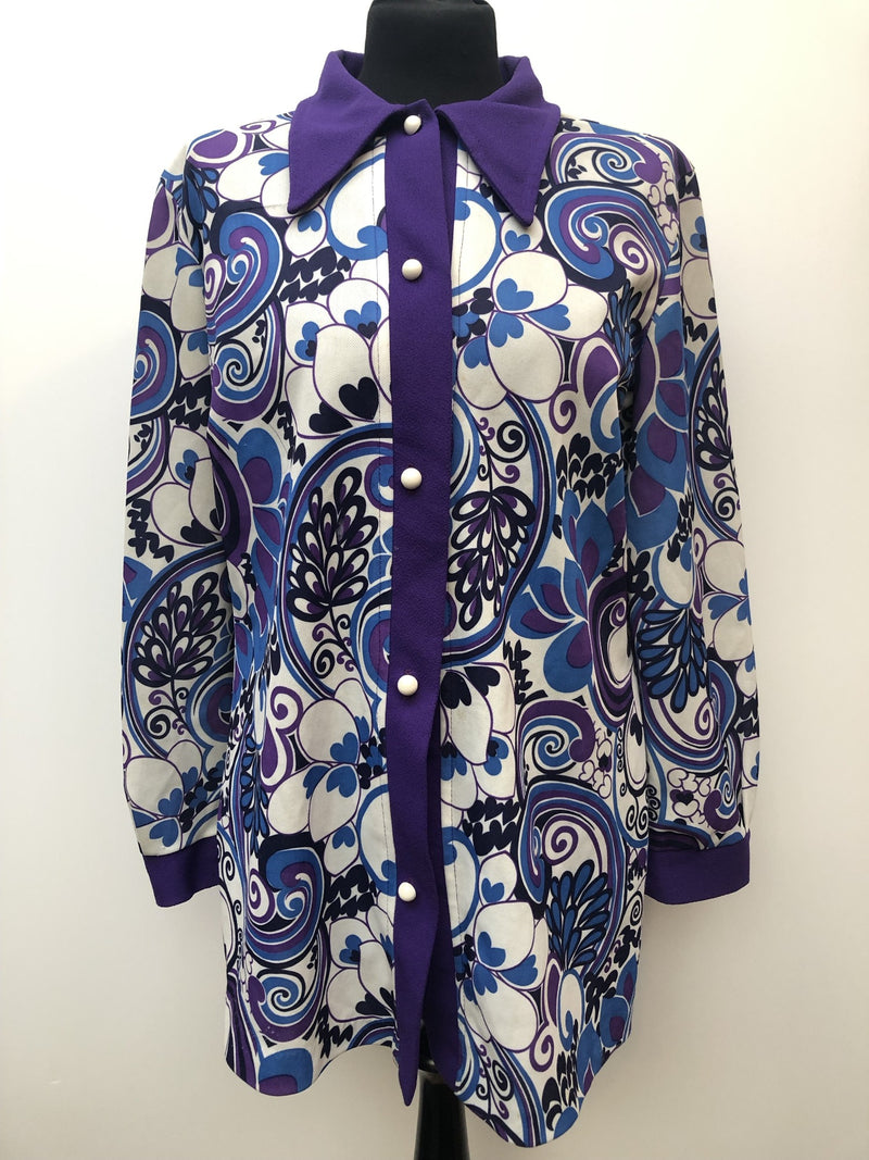 womens  vintage  Urban Village Vintage  top  purple  multi  floral print  dagger collar  Blue  blouse  70s  1970s  16