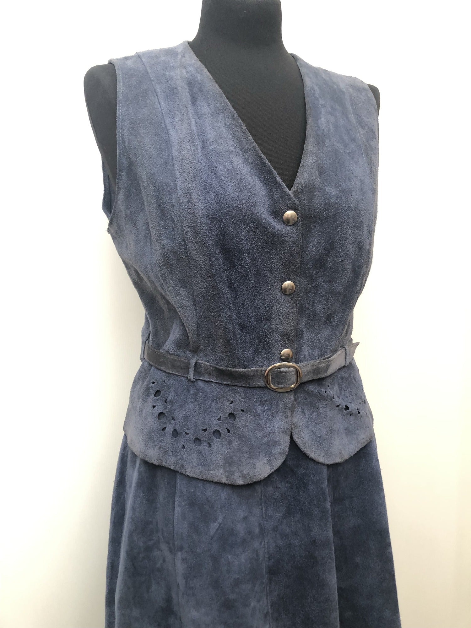 womens  waistcoat  vintage  Urban Village Vintage  two piece  top  suede top  suede skirt  suede  set  formal  blue  60s  1960s  10