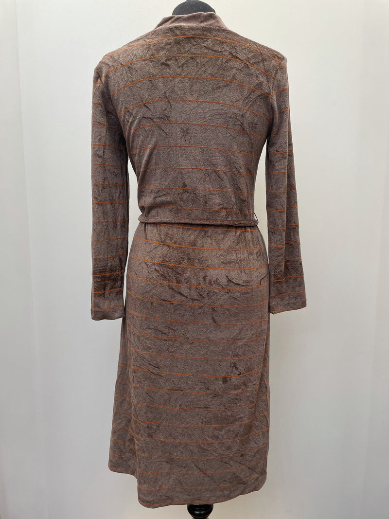 womens  waist belt  vintage  valour  v neck  Urban Village Vintage  urban village  stripey  Stripes  striped dress  striped  orange  midi dress  midi  long sleeves  long sleeved  long sleeve  dress  brown  belted dress  70s  1970s  12