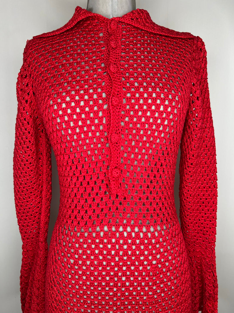 womens  vintage  Urban Village Vintage  Rounded collar  red  onsie  jumpsuit  flares  flared trousers  flared leg  flared  crochet  collared  button front  bell sleeve  all in one  70s  1970s  10