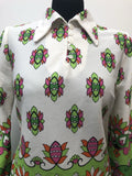 womens  wide sleeve  white  vintage  top  multi  Indian Print  green  floral print  flare sleeve  ethnic print  dagger collar  blouse  70s  1970s  12