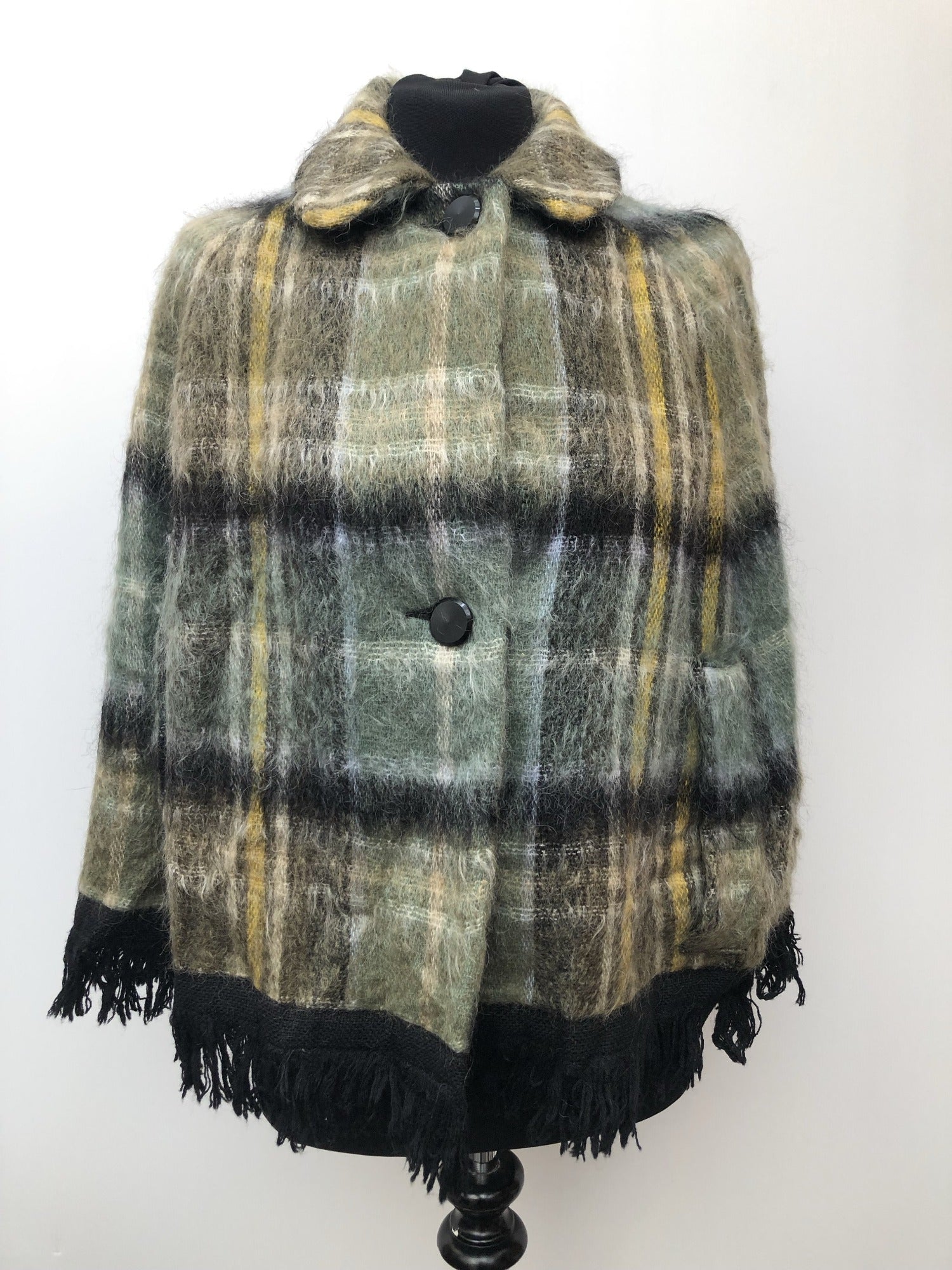 vintage  Urban Village Vintage  tassle  tartan  poncho  Green  fringed  fringe  check  cape  black  60s  1960s  10