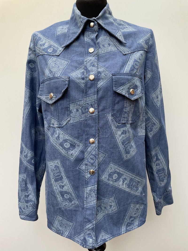 womens  vintage  Urban Village Vintage  urban village  thick  Shirt  S  retro  printed  print  press stud fastening  long sleeves  long sleeve  jean  Jacket  indigo  dereta  denim shirt  denim  Cotton  collar  blue  big collar  american  70s  70  60s  1970s  1960s  16  14/16
