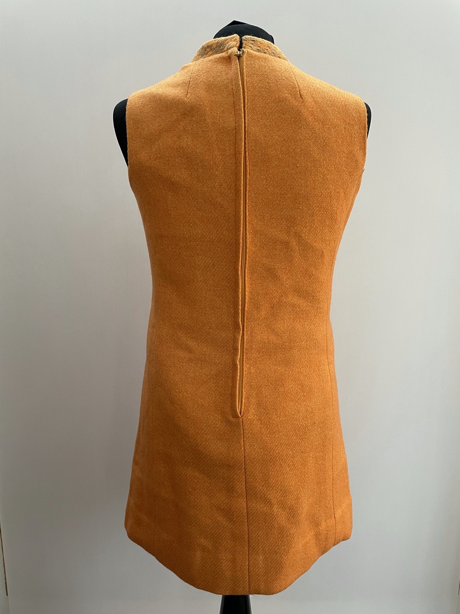 zip back  zip  wool  womens  vintage  Urban Village Vintage  urban village  thick  summer dress  summer  sleeveless  shift dress  pure wool  orange  neck detailing  MOD  midi dress  London Maid  dresses  dress  back zip  60s  1960s  100% Wool  10