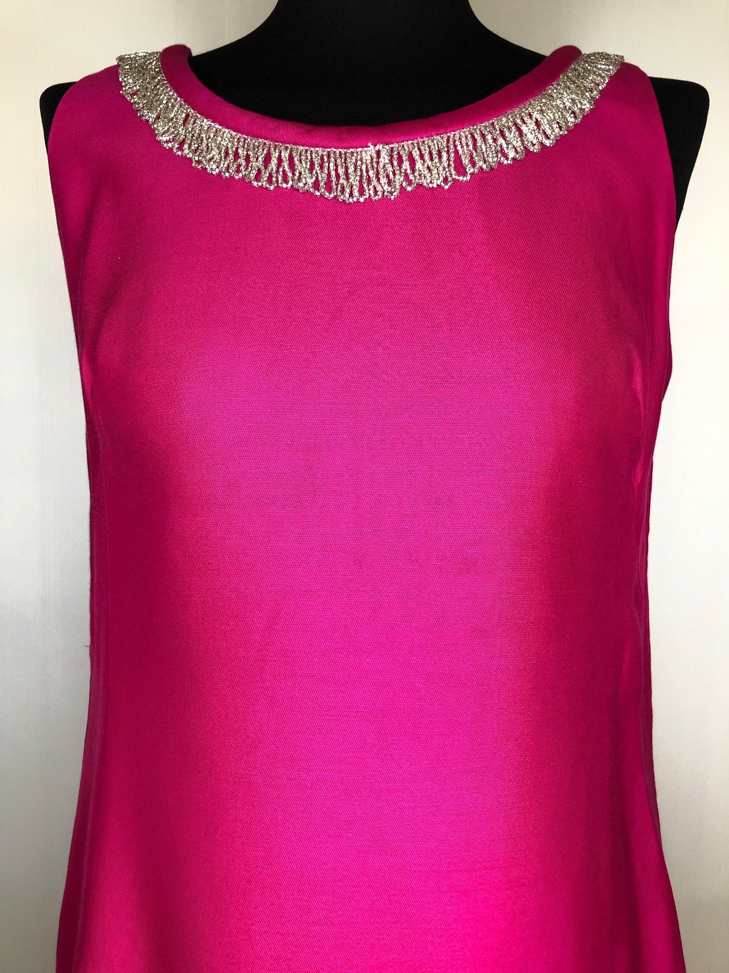 10  womens  vintage  stitch detailing  stitch detail  sleevless  silver beading  retro  polyester  pockets  pink  Montigo Bay  MOD  midi dress  midi  dress  beaded neckline  back zip  60s  1960s