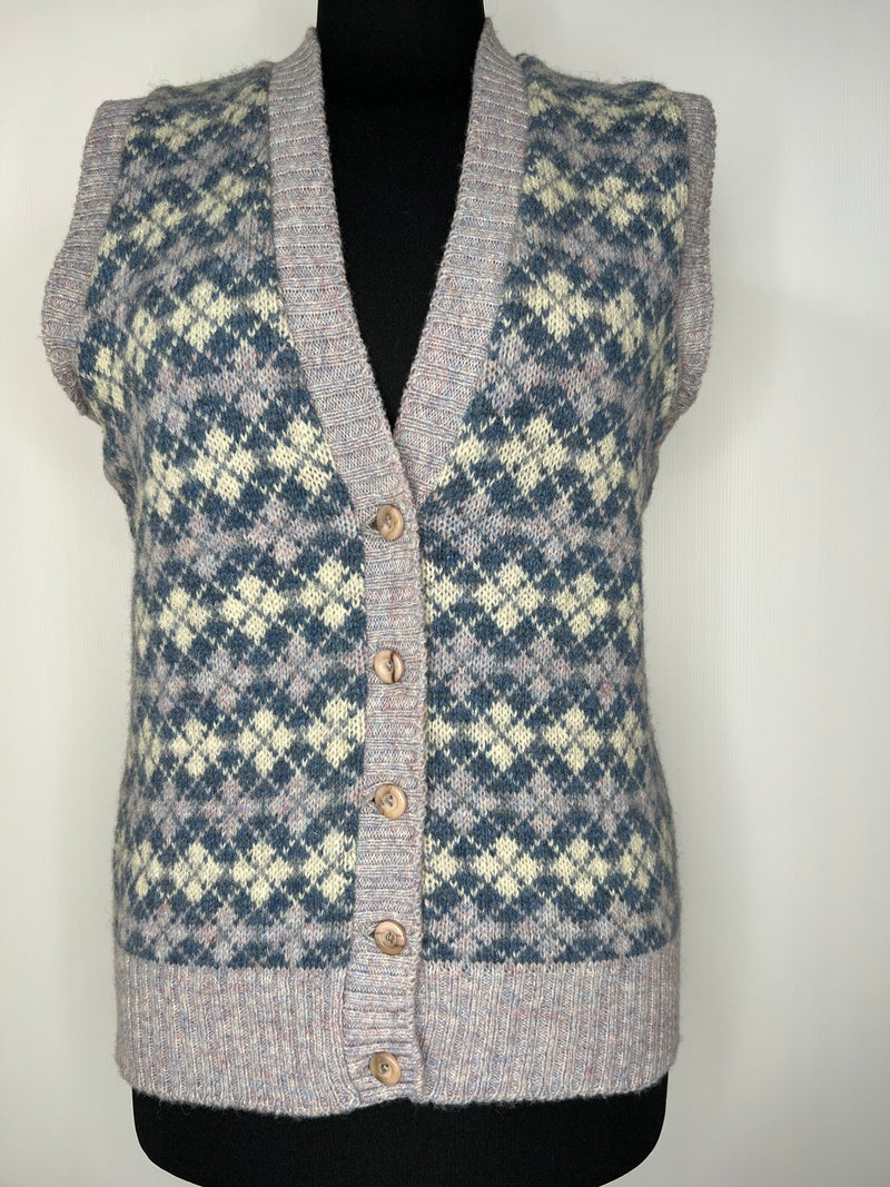 womens  waistcoat  vintage  Vest  tunic top  tunic  top  Tank Top  pure wool  pure new wool  Pitlochry knitwear  lilac  knitwear  knitted  Kintwear  diamond patterned  diamond pattern  cream  button front  Blue  70s  1970s  12  100% Wool