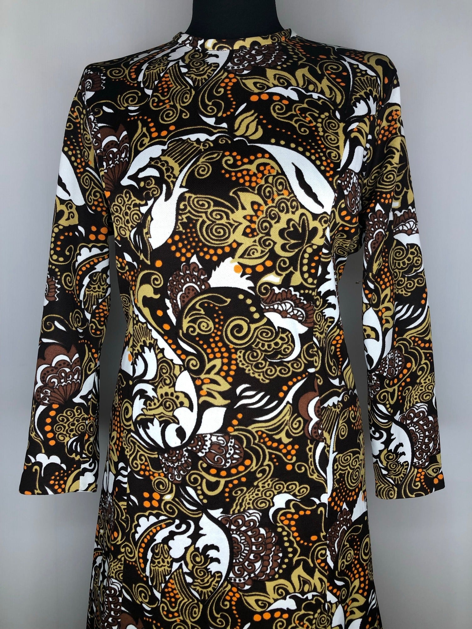 womens  vintage  Urban Village Vintage  Turquoise  round neck  psychedelic  psychdelic  psych  print dress  MOD  floral print  floral dress  dress  brown  back zip  60s  1960s  16