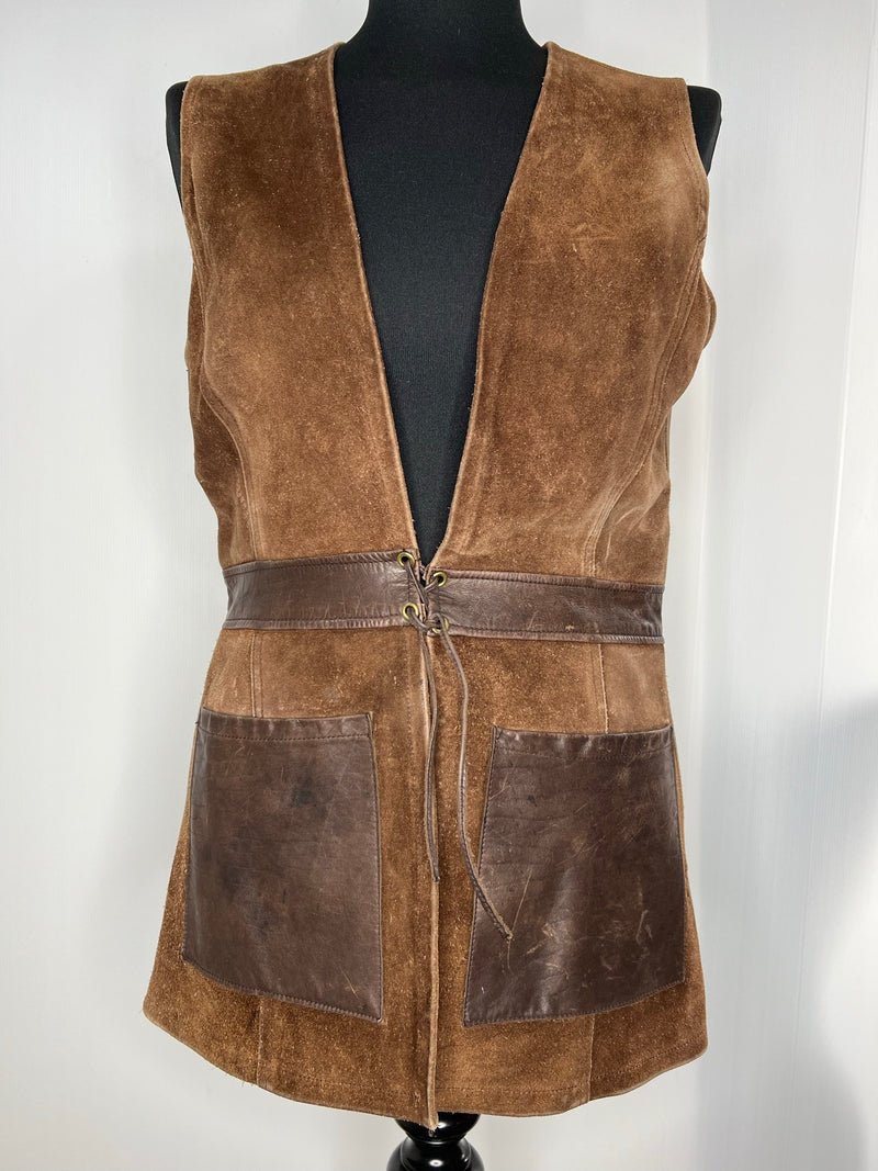 womens  waistcoat  vintage  Urban Village Vintage  urban village  The Dorset Down Charmouth  suede  stitch detailing  sleevless  pockets  leather trims  leather pockets  lace up waist  Jacket  brown  70s  1970s  12