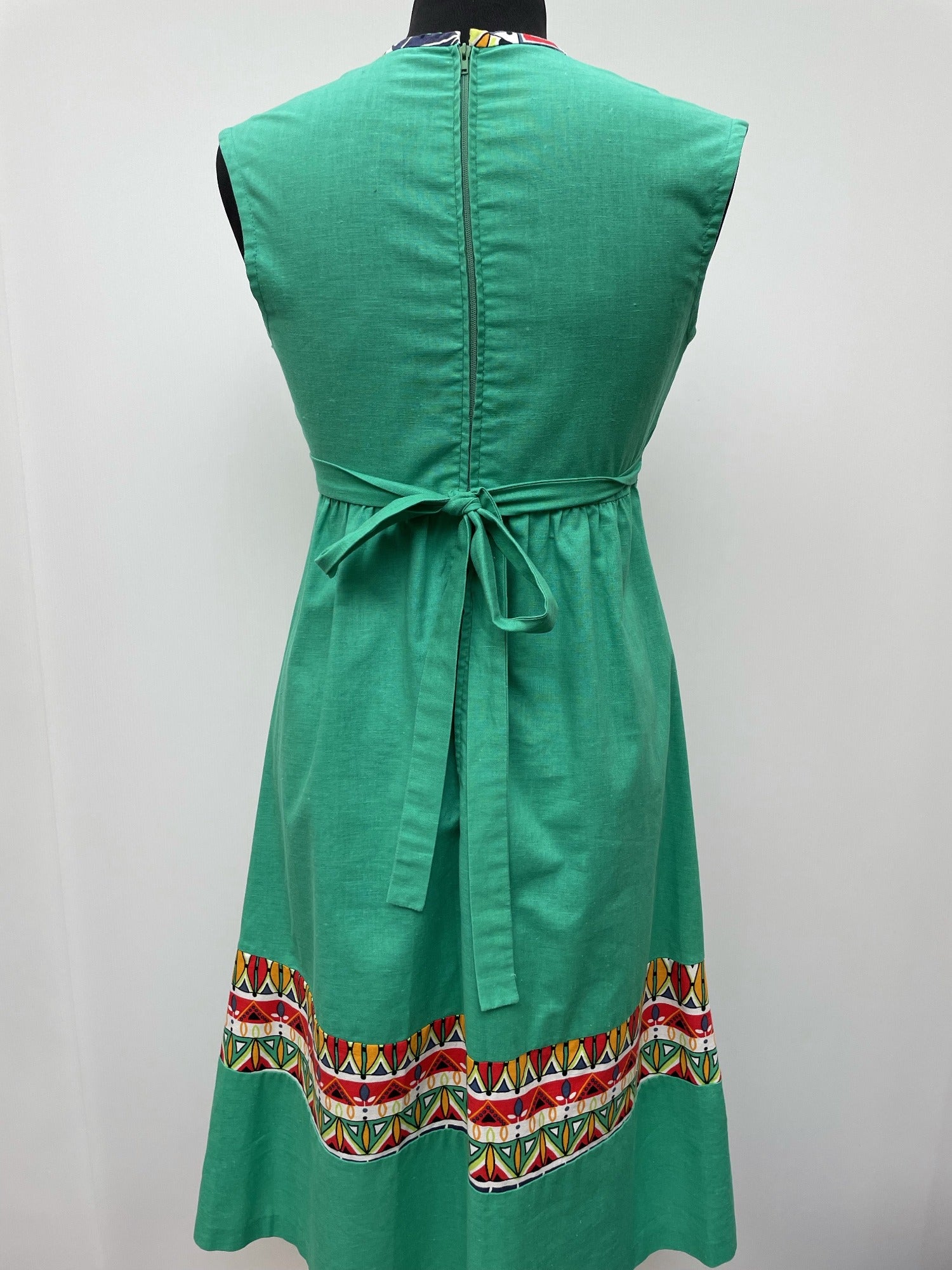 zip back  zip  womens  waist belt  vintage  Urban Village Vintage  urban village  midi dress  midi  high neck  Green  dress  belted dress  belted  belt  aztec print  aztec  8  70s  1970s