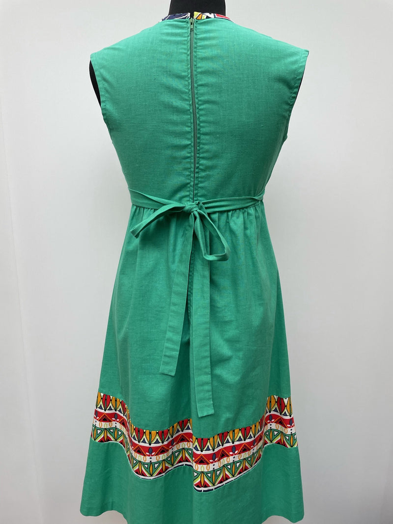 zip back  zip  womens  waist belt  vintage  Urban Village Vintage  urban village  midi dress  midi  high neck  Green  dress  belted dress  belted  belt  aztec print  aztec  8  70s  1970s