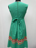 zip back  zip  womens  waist belt  vintage  Urban Village Vintage  urban village  midi dress  midi  high neck  Green  dress  belted dress  belted  belt  aztec print  aztec  8  70s  1970s