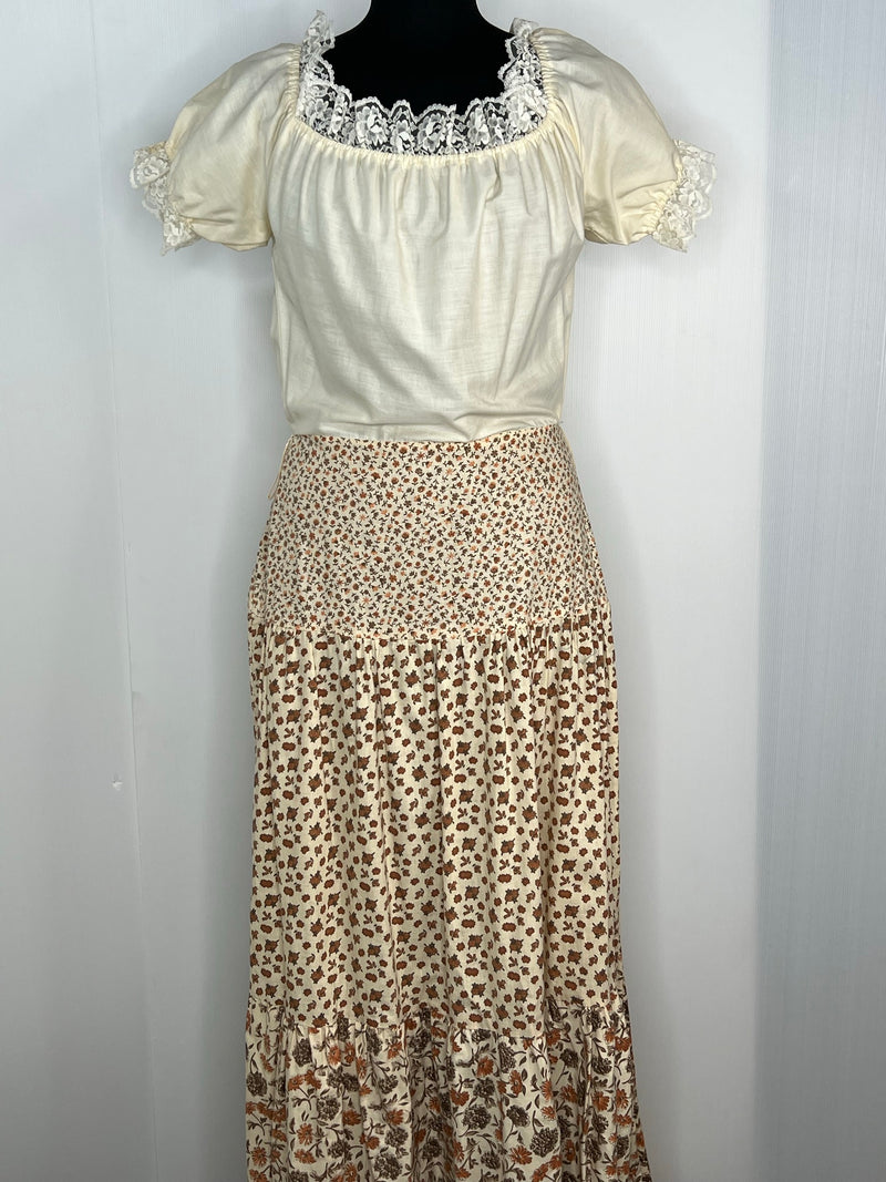 10  womens  white  vintage  Urban Village Vintage  summer dress  summer  puff sleeves  puff sleeve  maxi dress  maxi  long dress  floral print  cream  Cotton  brown floral  brown  70s  1970s